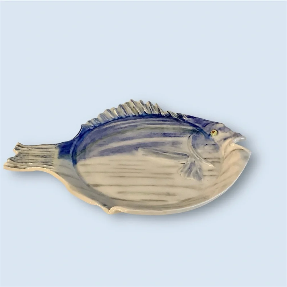 Blue and White Glazed Ceramic Fish Platter